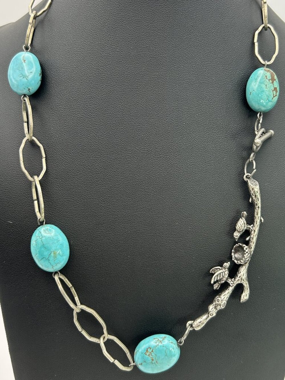 Bird Nest Branch Turquoise Color Oval Stone Necklace Boho Artisan